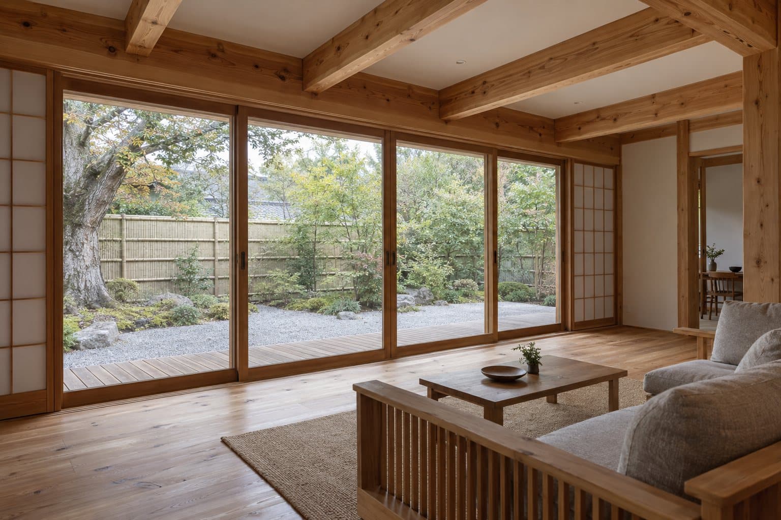 杉の梁を見せた天井の居間。4枚の掃き出し窓の先に縁側と、庭の古木