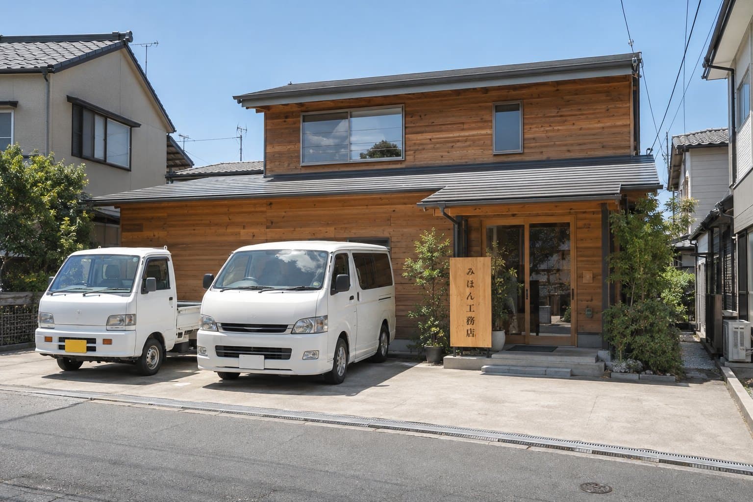 杉板張りの事務所。入口の脇に「みほん工務店」と書いた木の看板、前に会社の軽トラックとワンボックス車