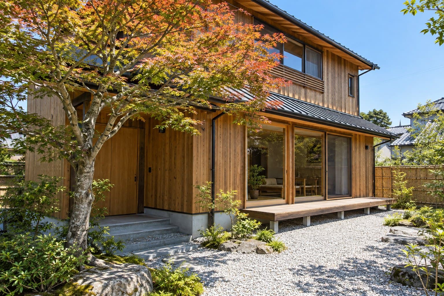 杉板張りの外壁と黒い金属屋根の、木造2階建ての家。玄関の脇にもみじの古木、居間の前に縁側と砂利の庭
