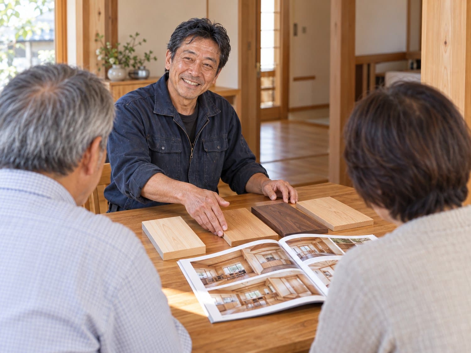 木の見本の板を前にした、職長の佐藤とお施主様ご夫婦の打ち合わせ